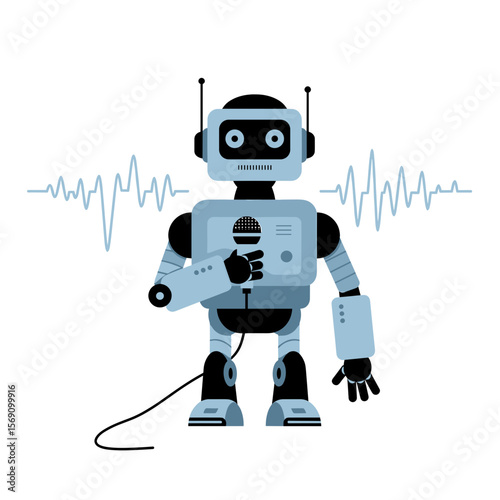Cartoon robot holding microphone and singing with sound waves  