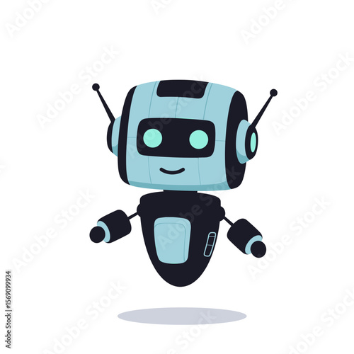 Cartoon robot character smiling and floating in minimal style  