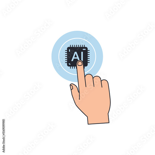 Hand pressing AI chip icon in flat design style  