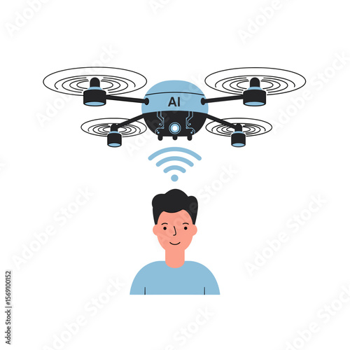 Young man operating drone with AI technology flying above him  
