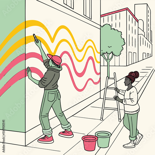 People painting a mural with wavy lines on a building wall in an urban street setting outdoors