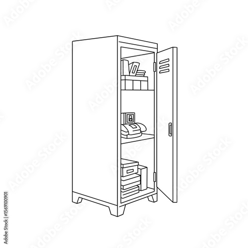 Outline of a locker with open door and stacked items inside  
