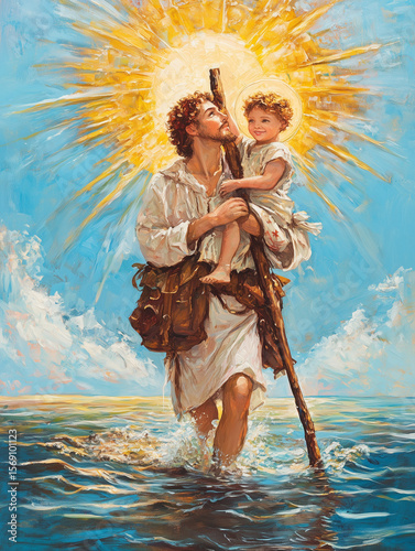 St. Christopher Carrying a Child Through Water Under Radiant Sunlight