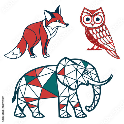 Illustration of a fox, owl, and elephant with geometric patterns and red and teal accents on white