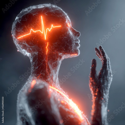 Wallpaper Mural Human figure with glowing neural network and heartbeat line Torontodigital.ca