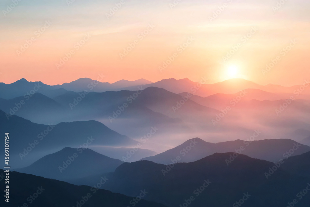 Serene Mountain Landscape at Sunrise with Soft Colorful Sky Serene Mountain Landscape at Sunrise with Soft Colorful Sky