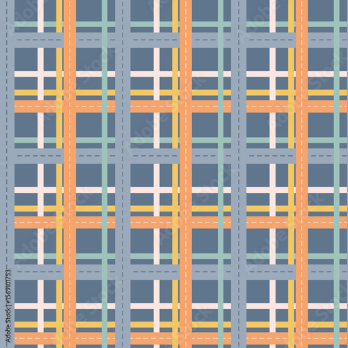 Colorful woven pattern featuring blue, orange, and pastel shades in a grid design
