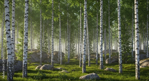 Sunlit Birch Forest, Misty Morning, Rocks, Green Grass