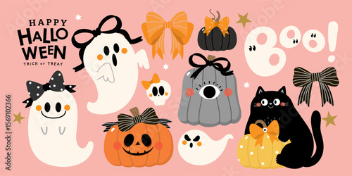 Happy halloween party invitation card with spooky pumpkin, ghost, black cat, cute bow and ribbon. Holidays cartoon character. -Vector
