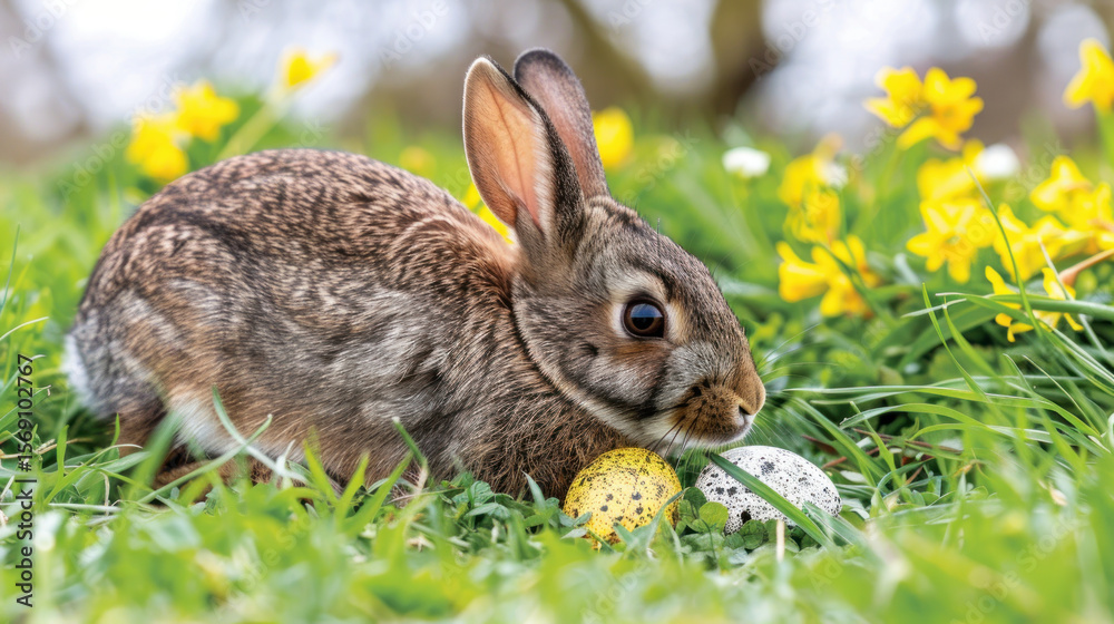 Fototapeta premium Cute bunny rabbit sitting on green grass with colorful eggs and blooming flowers in a vibrant spring meadow setting