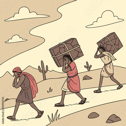 Three figures carrying heavy loads across a desert landscape under a cloudy sky illustration