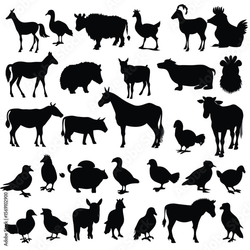 Collection of diverse farm and wild animal silhouettes on a white background