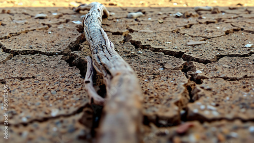 Close-up of a dry, cracked earth surface with a single weathered twig lying across the fissures, highlighting arid terrain and environmental degradation