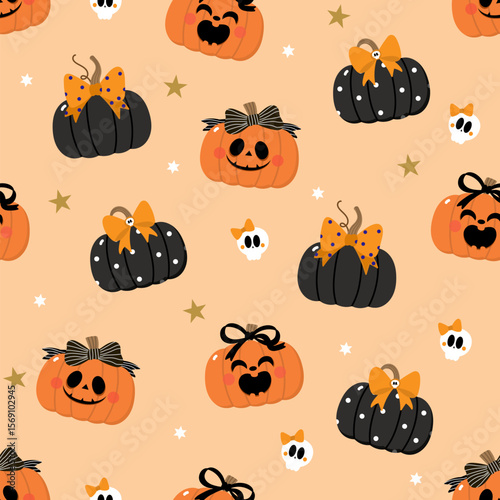 Happy halloween seamless pattern wallapaper  with spooky pumpkin, cute bow and ribbon. Holidays cartoon character. -Vector