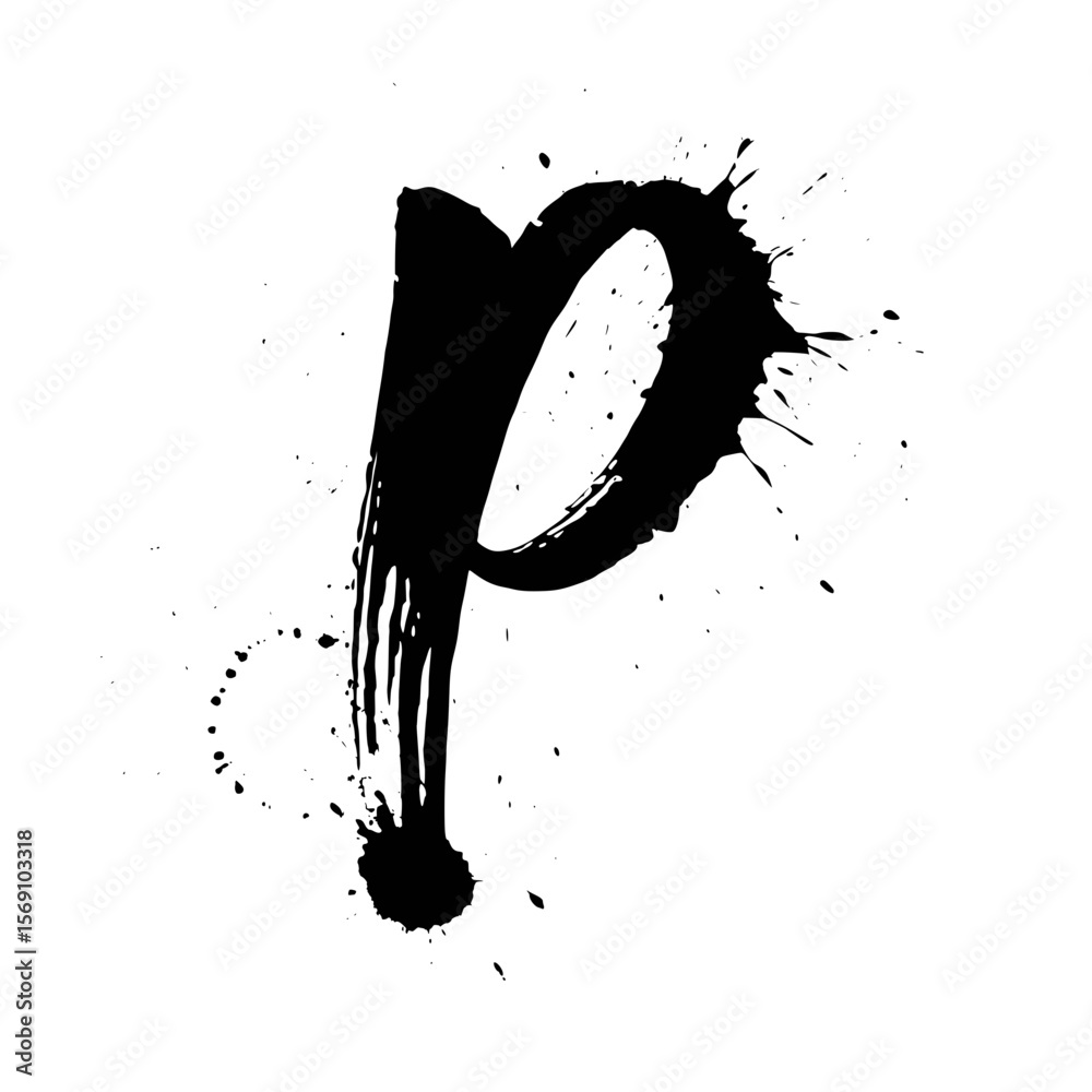 Lowercase letter p bold ink splatter art, Expressive lowercase letter 