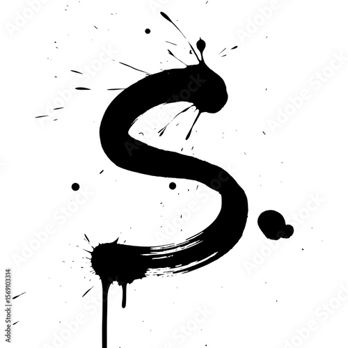 Uppercase letter S black ink splatter art, Expressive uppercase letter "S" painted with bold black ink and dramatic splatter effects on a light background, perfect for creative typography and design 
