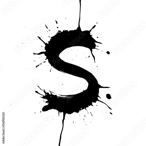 Uppercase letter S black ink splatter art, Expressive uppercase letter "S" painted with bold black ink and dramatic splatter effects on a light background, perfect for creative typography and design 
