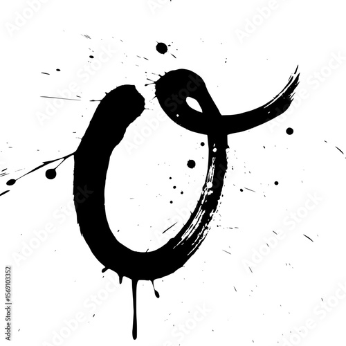 Lowercase letter o ink splatter brush art, Bold lowercase letter "o" painted in expressive black ink with dynamic splatter effects on white, perfect for modern typography and creative graphic design.
