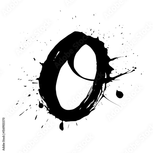 Lowercase letter o ink splatter brush art, Bold lowercase letter "o" painted in expressive black ink with dynamic splatter effects on white, perfect for modern typography and creative graphic design.

