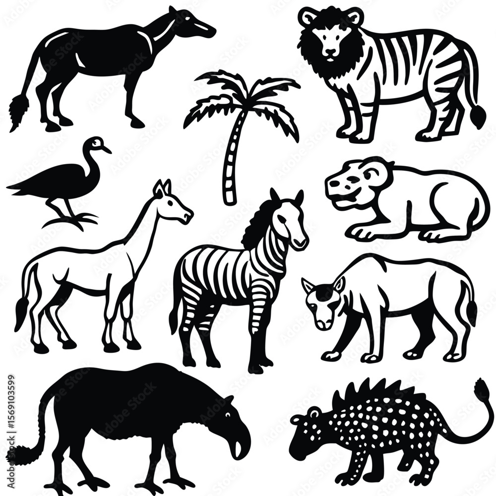 Obraz premium Collection of black and white silhouette illustrations of various wild animals and a palm tree