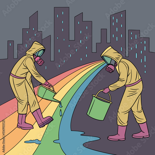 Two figures in hazmat suits pouring rainbow liquid in a city landscape illustration art style