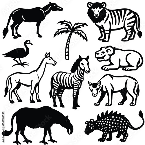 Collection of black and white silhouette illustrations of various wild animals and a palm tree