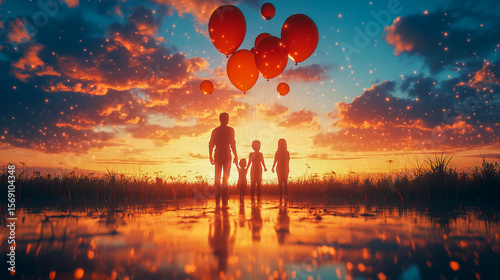 Family's joyful walk at dusk with floating balloons, creating a heartwarming scene against the brilliant sky, and a reflective horizon.