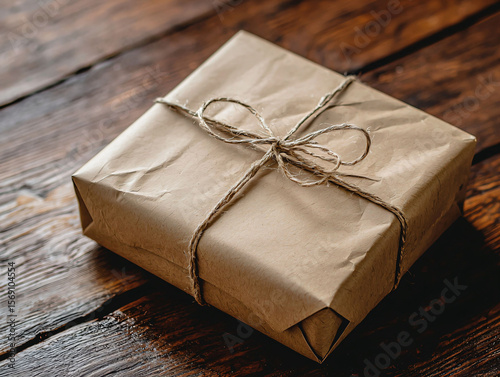 Rustic Brown Wrapped Gift with Twine Bow on Wooden Table Surface