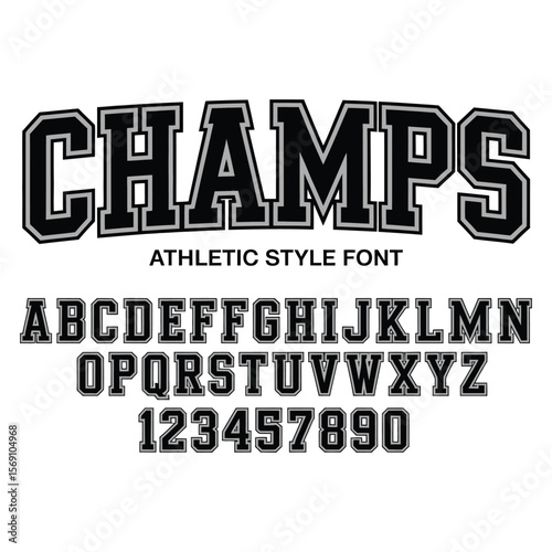 American college classic font. Vintage sports font in American style for T-shirt designs for football, baseball, and basketball teams. College, school and varsity style font, tackle twill stock 