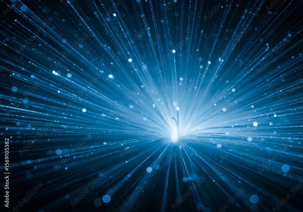 Naklejka premium A radiant light bursts forth from the center, surrounded by blue rays and particles, creating a dynamic and futuristic scene, viewed from a straight-on perspective.