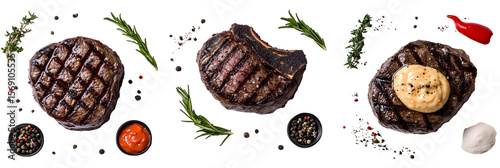 Gourmet steak composition: delicious grilled cuts with aromatic herbs on black background