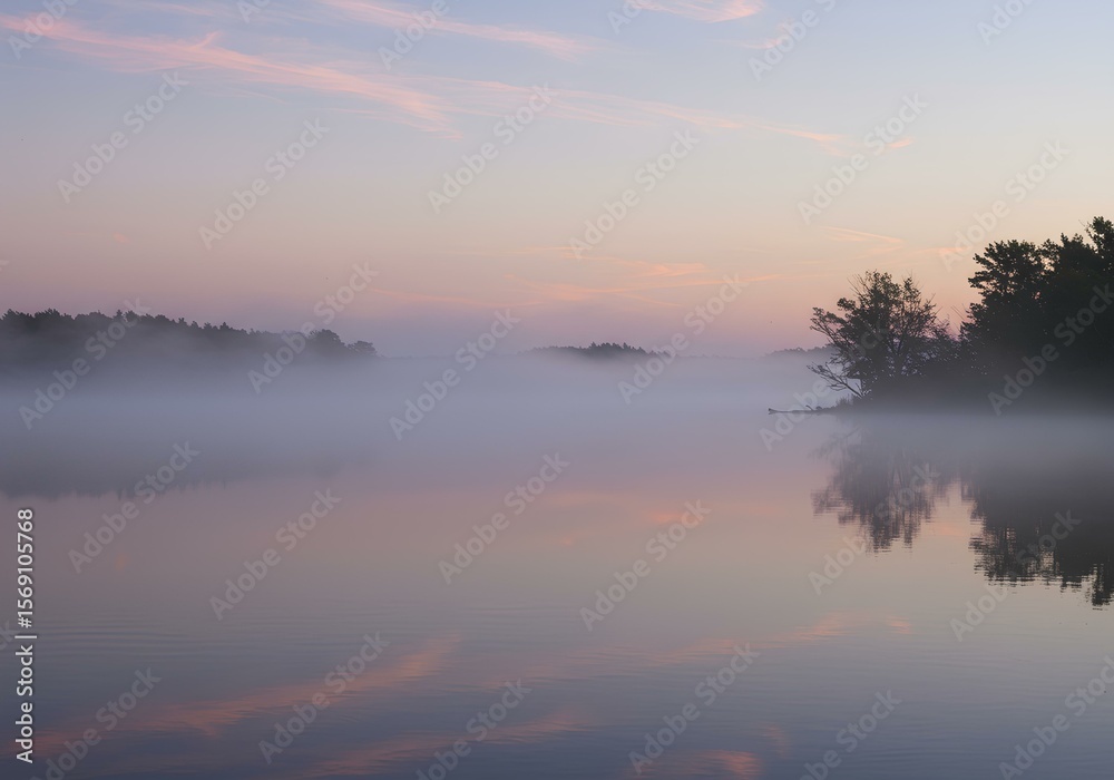 Fototapeta premium Serene lake at dawn with misty fog, trees, and a soft pink sky reflection in calm waters