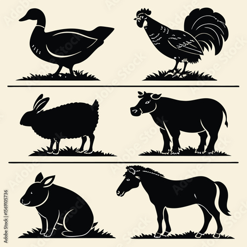 Collection of black silhouette farm animals including duck rooster sheep cow rabbit and horse