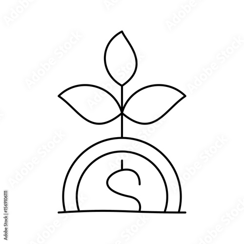 Plant Growth Coin Outline Doodle, coin with sprouting leaves, represents sustainable finance, profit growth, or green investment.