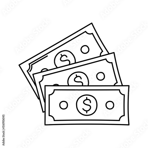 Cash Outline Doodle, stack of paper money with dollar signs, represents income or salary, great for banking or payroll visuals.