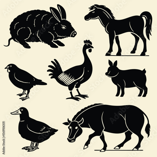 Collection of black silhouette farm animals and wildlife on a cream background