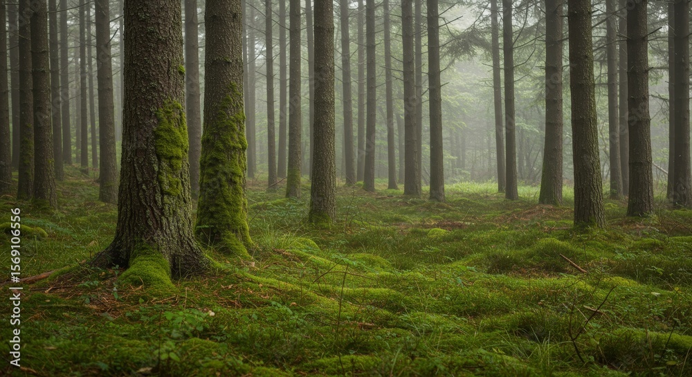 Obraz premium Misty Forest, Mossy Trees, Green Landscape