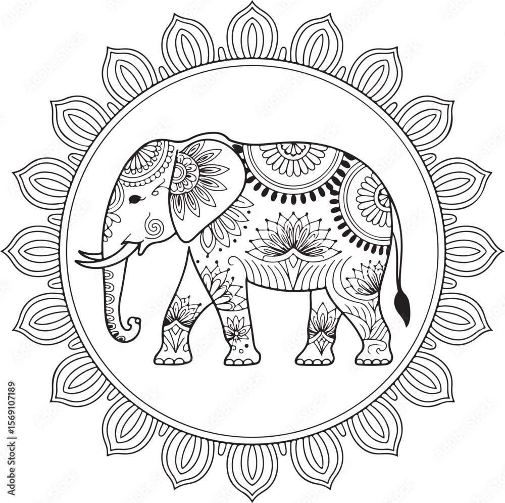 Fototapeta premium Elephant Coloring Page | Mandala Style Vector Art