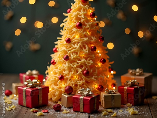 arafly decorated christmas tree with pasta and presents.