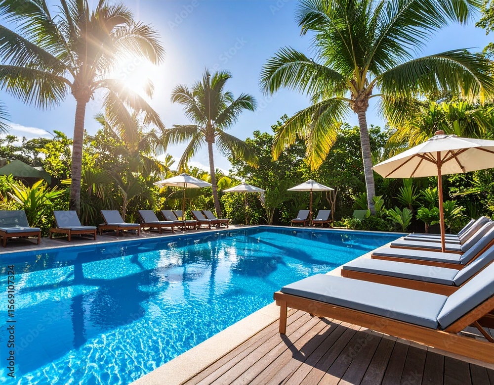 Obraz premium 야자수로 둘러싸인 고급 리조트 수영장 Luxury Resort Pool Surrounded by Palm Trees