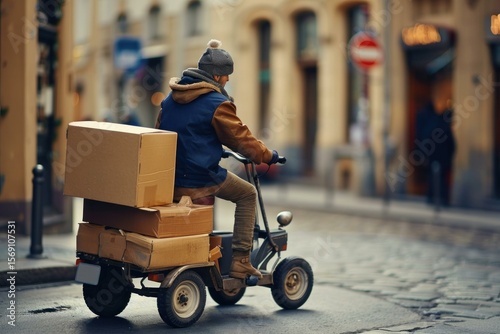 Fototapeta Naklejka Na Ścianę i Meble -  Delivery man riding small electric three wheeled vehicle carrying cardboard boxes in urban street