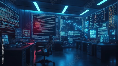 A server room filled with glowing computer screens displaying data.