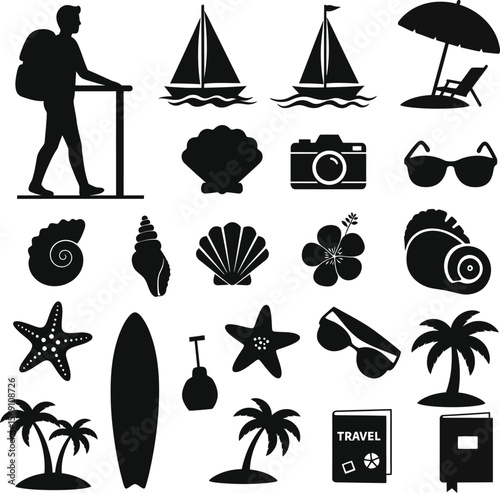 Travel and beach vacation vector silhouettes: hiker, sailboats, seashells, camera, sunglasses, surf, and tropical elements – a comprehensive set for holiday, adventure, and summer-themed designs.