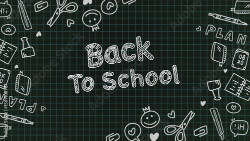 Creative back to school blackboard vector with white chalk doodle plan elements and green grid pattern