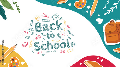 Creative back to school doodle vector with colorful corner art supplies and kids study theme on white