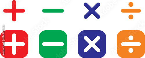 Basic mathematical colorful symbol. Plus, minus, multiply, divide icon set. Plus and minus icon set. Math symbol. Plus icon, Minus icon, Multiply icon, Divide icon.