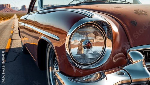 Classic car detail chrome bumper reflection of desert highway, worn leather seats.