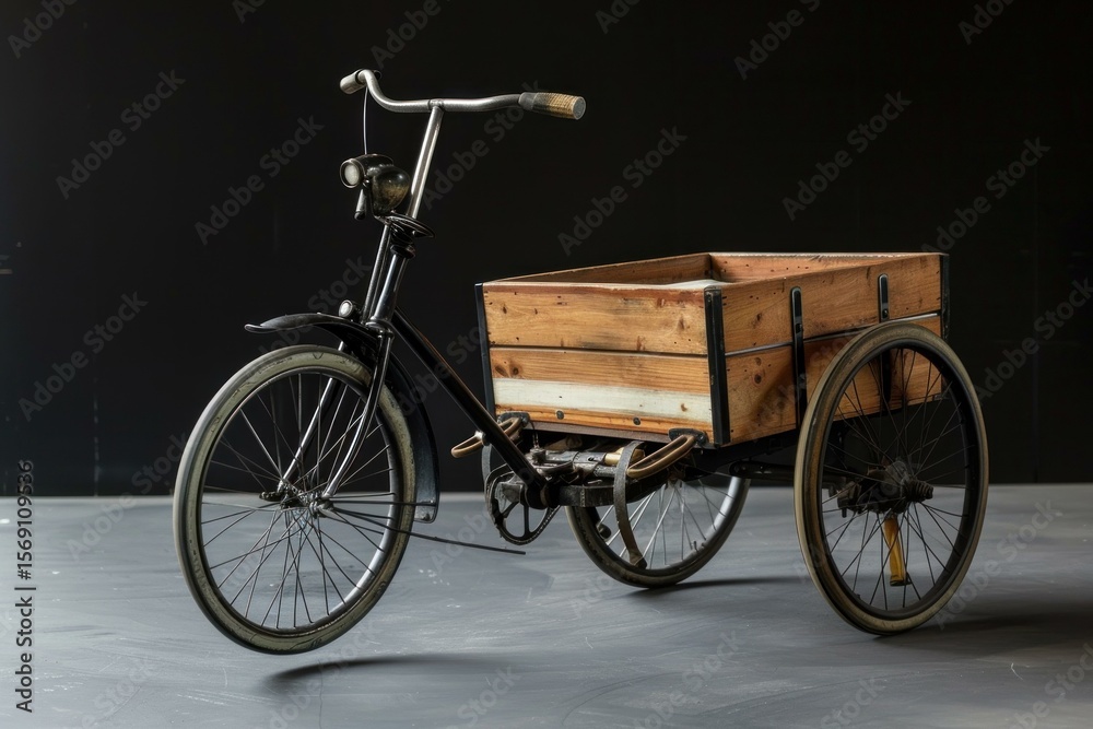Fototapeta premium Restored antique tricycle with wooden cargo box representing early 20th century delivery methods