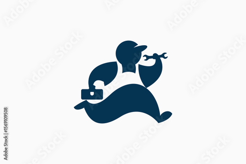 Repairman logo with a repairman running with wrench and toolbox. It is good for house service, cleaning service, plumbing, etc.