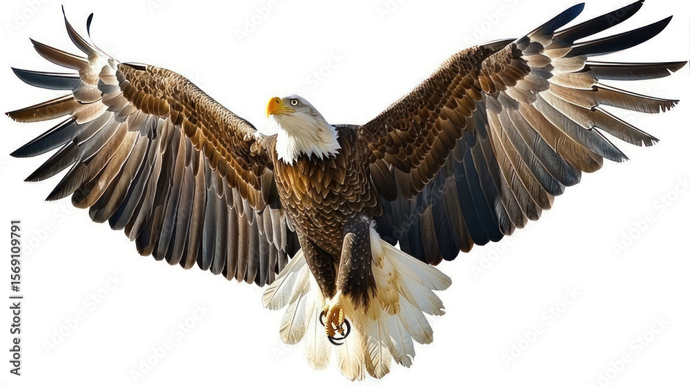 Fototapeta premium Bald Eagle with Wings Spread Wide in a Dramatic Flight Over Nature in Stunning Detail, Isolated on a Clean White Background